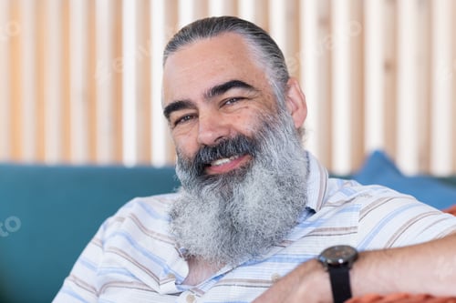 Preview: Smiling senior man with beard relaxing on couch, enjoying leisure time indoors