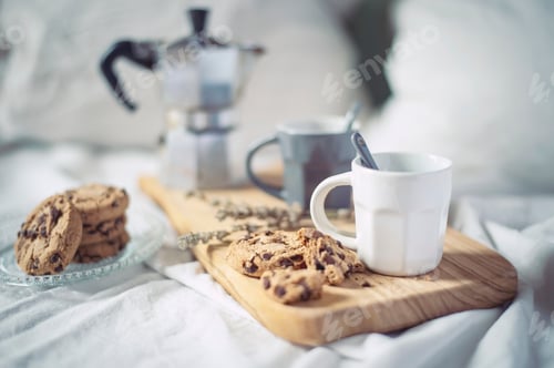 Preview: Cookies and Coffee on Wooden Tray in Bed