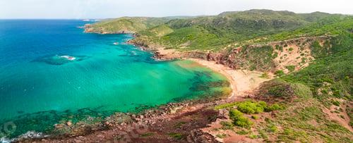 Preview: Aerial drone view of Cala del Pilar beach scenery of Menorca, near Ferreries