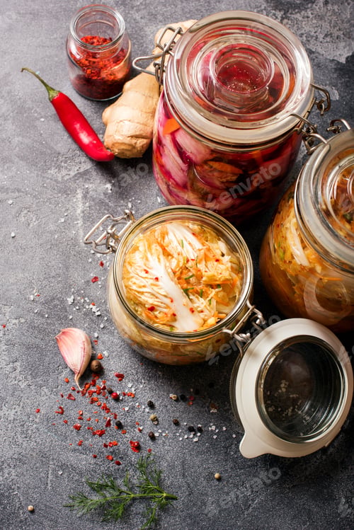 Preview: Fermented Cabbage, Fermented Vegetables in Jars, Kimchi, Fermentation Concept