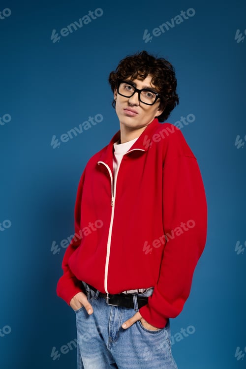 Preview: Stylish young man showcases modern fashion against a vibrant blue background