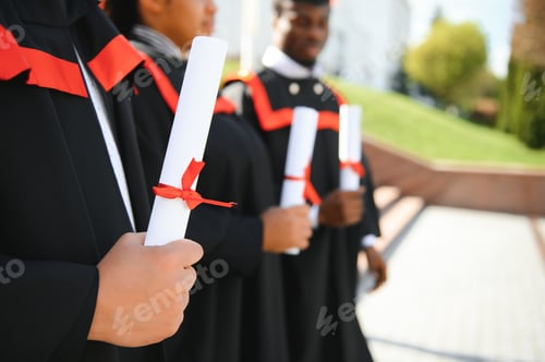 Preview: Close up people graduating with diplomas