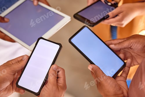 Preview: Group of people with phone screen or mockup space for digital planning, mobile app and multimedia n