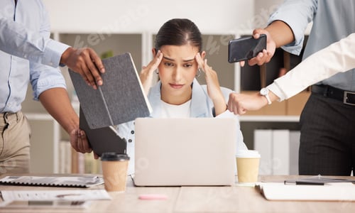 Preview: Stress, anxiety and multitasking business woman with headache from workload and laptop deadline in