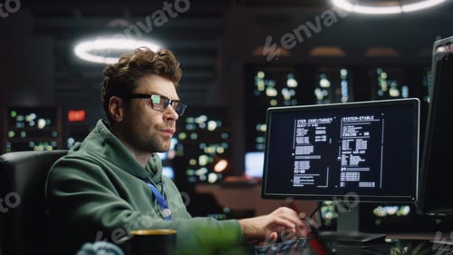 Preview: Software engineer looking monitors in monitoring office closeup. Analyst typing