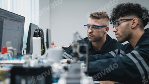 Preview: Student engineer Assembling Robotic Arm with computer in Technology Workshop.