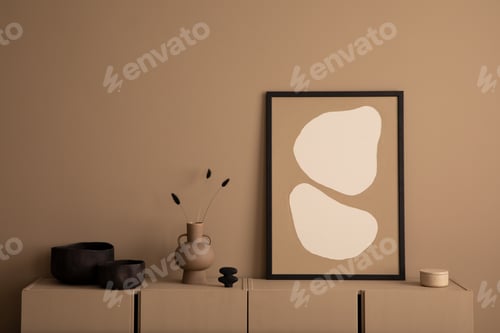 Vista previa: Warm and cozy brown living room interior with sofa, rug and personal accessories Home decor Template