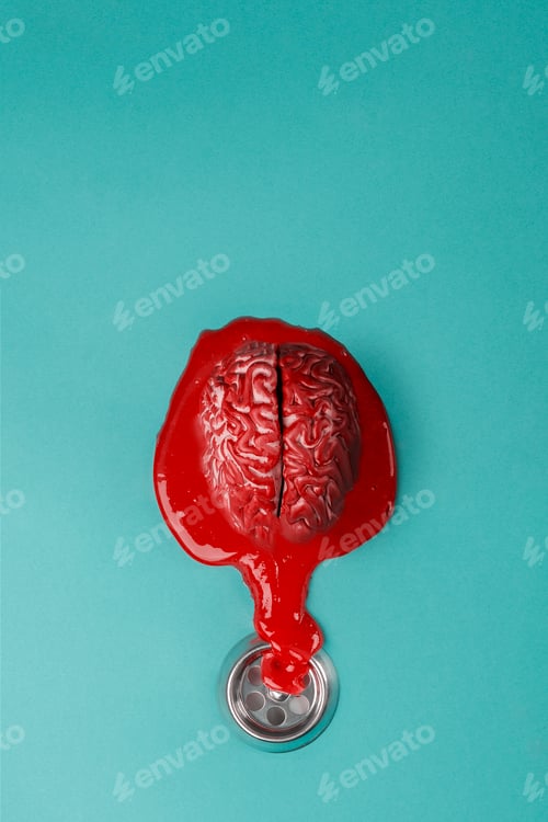Preview: Creative concept of brain drain. Human brains are melting and going down the drain.