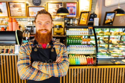 Preview: Professional barista young redhaired ginger bearded man in black apron working in coffee shop