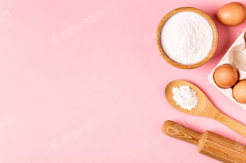 Preview: Ingredients and utensils for baking on a pastel background.