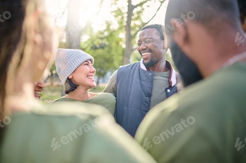 Preview: Friends, diversity and happy volunteer group outdoor at a nature park in summer. Men and women peop