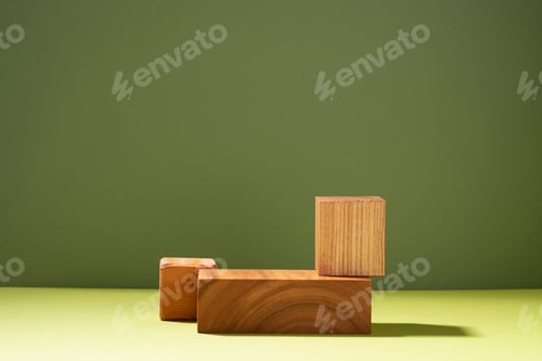 Preview: Abstract wooden podium, dark green background hard light shadow. Mockup