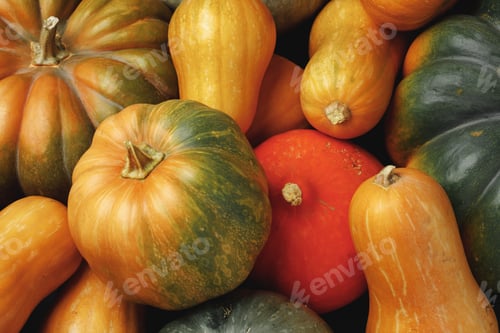 Preview: Many multicolor pumpkins, autumn seasonal decorative background