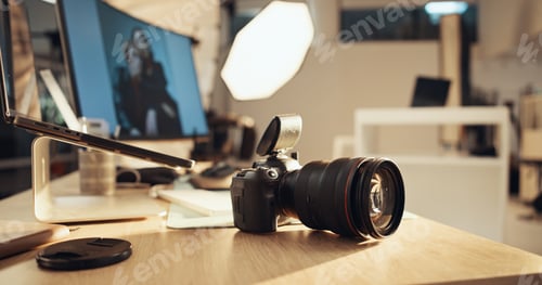 Preview: Backstage, tools or camera equipment closeup for creative photoshoot, recording or content capture.