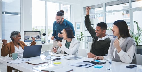 Preview: Celebration, business meeting and yes success of company staff with collaboration and teamwork Offi