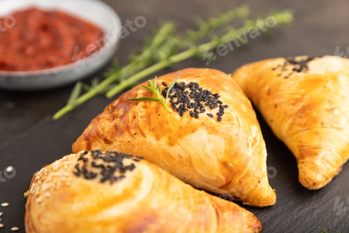 Preview: Homemade asian pastry samosa on black. side view, selective focus.