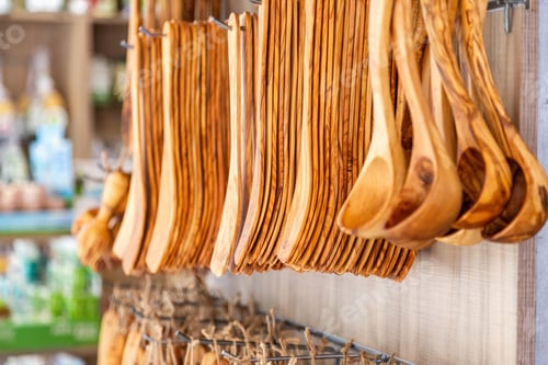 Preview: Handmade kitchen utensil, handicraft wooden cutlery hanging outdoors of Greek souvenir store.