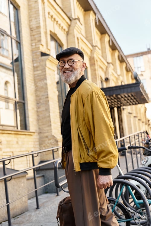 Preview: A fashionable senior man confidently walks along the bustling city street.