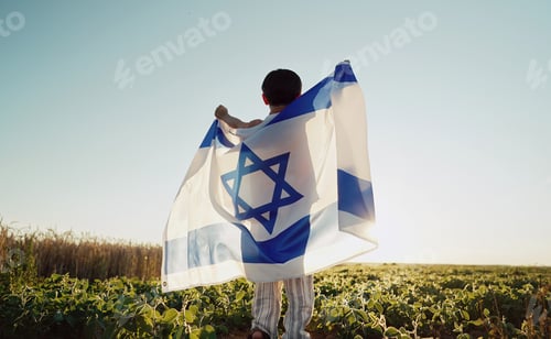Preview: Happy Israeli Jewish Little Boy Jumping, Israel National Flag. Independence Day
