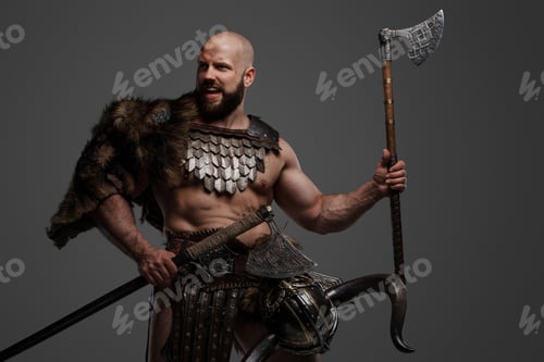 Preview: Viking man in a beard and bald head against a gray background