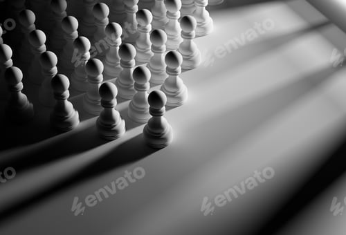 Preview: White chess pawns on white background. Unity concept. 3d rendering