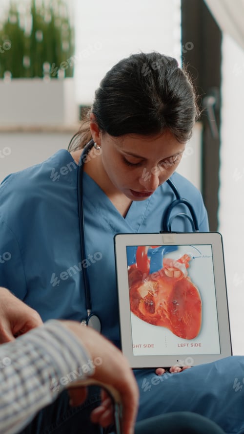 Preview: Nurse holding tablet with heart figure for cardiology diagnosis