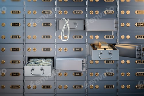 Preview: Open safe deposit box with money, jewels and golden ingots. Fina