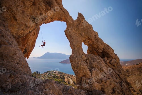 Preview: Rock climber falling of a cliff while lead climbing. Kalymnos Island, Greece