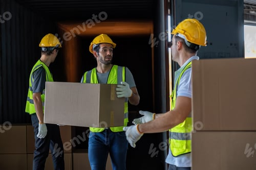 Preview: 3 Workers hand carry carton box take from 40 feet steel container one by one and stack on floor