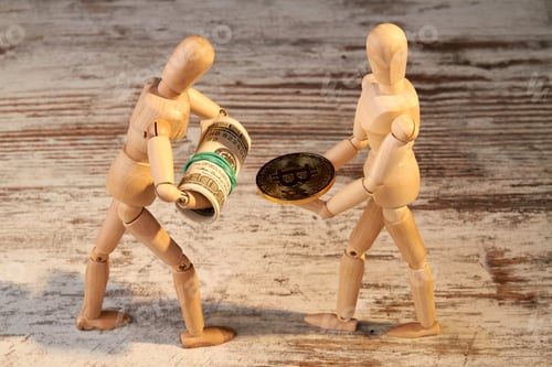 Preview: Mannequins exchanging bitcoin coin for bunch of dollars.