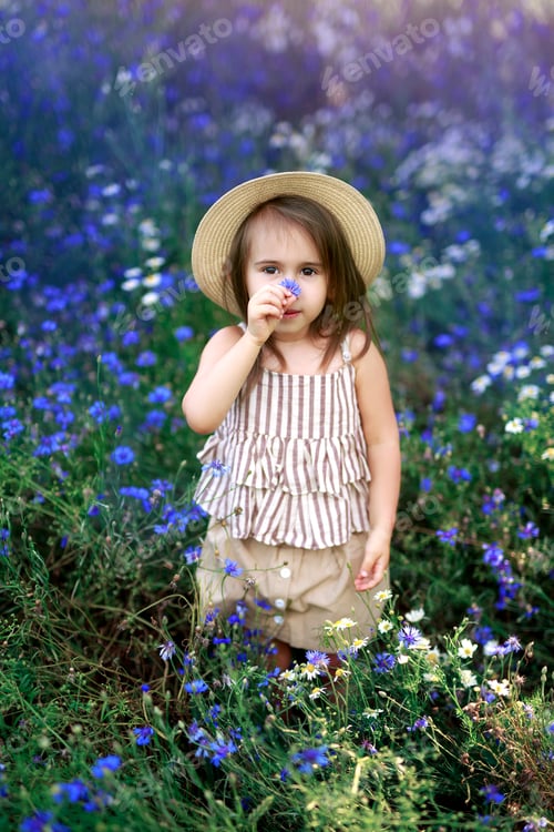 Preview: Beautiful girl in a hat among a bright meadow with field blue cornflowers