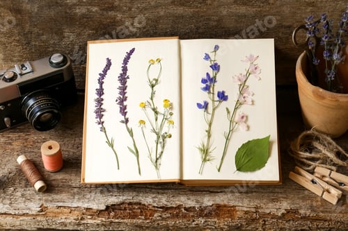 Preview: Composition with beautiful dried flowers, book and vintage camera on wooden table