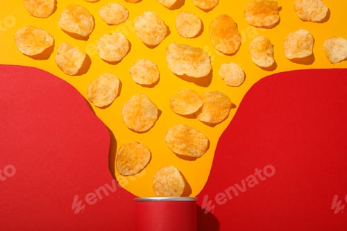 Preview: Potato chips with a red tube on a yellow background