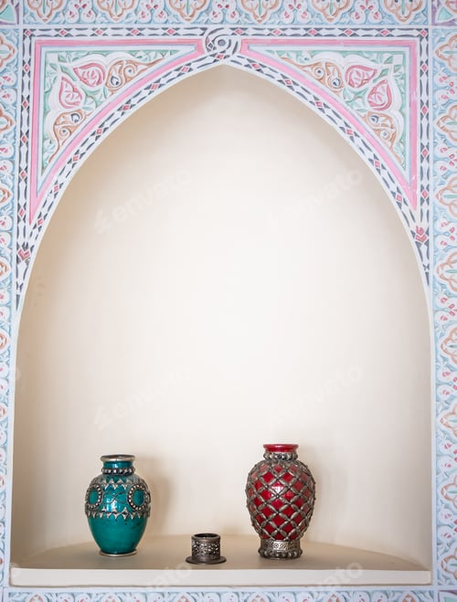 Preview: Antique beautiful Egyptian jugs in the museum copy space.