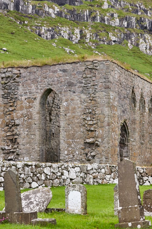 Preview: Antique Faroe islands stone church in Kirkjubour. Cultural heritage