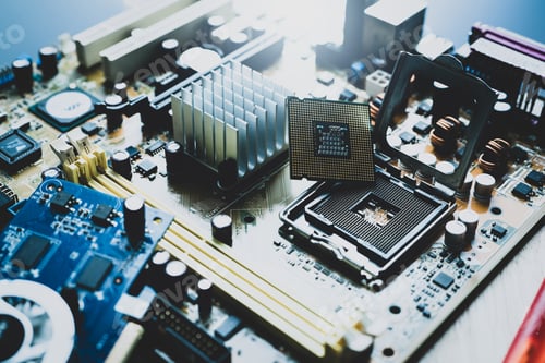 Preview: Selective focus computer chip on socket. Chipset on electronic circuit board of PC motherboard