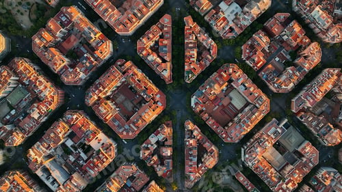 Preview: Aerial view of typical buildings of Barcelona cityscape. Eixample residential famous urban grid