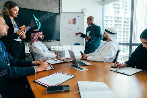 Preview: Multiethnic business team collaborating during corporate meeting in dubai office
