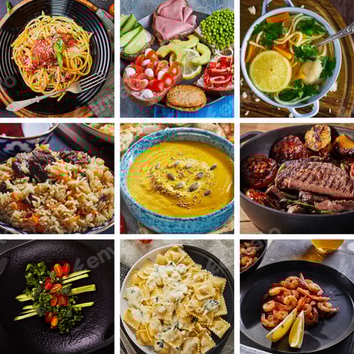 Preview: Collage of food photos with appetizers, hot and meat dishes