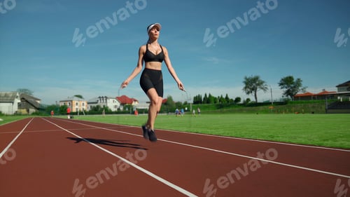 Preview: Athlete woman jumping using skipping rope outdoors