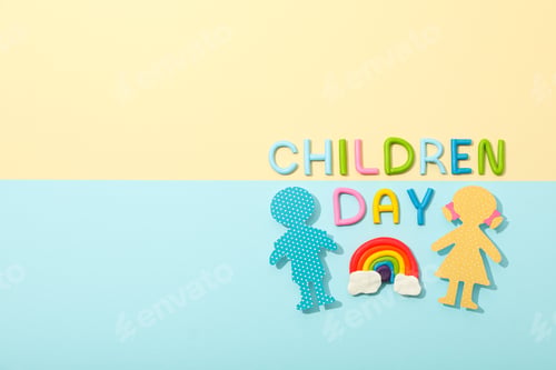 Preview: The inscription Children's Day with paper figures of children