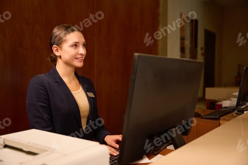 Preview: Welcoming female administrator standing at reception desk