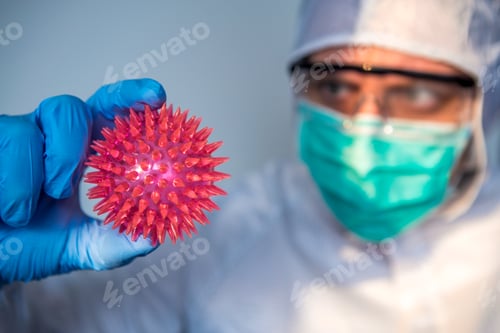 Preview: Researcher in Protective Suit Holding Viral Model