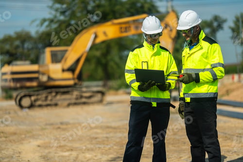 Preview: An engineer in visibility jacket and helmet working on construction site.