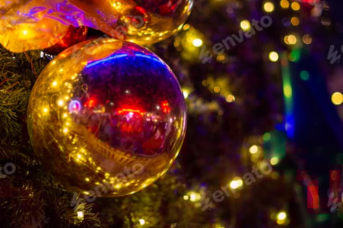 Preview: Close up of balls on christmas tree. Bokeh background.New Year concept