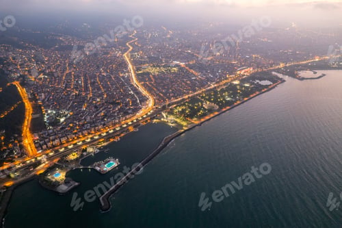 Preview: Aerial city center and port at night. Samsun, Turkey