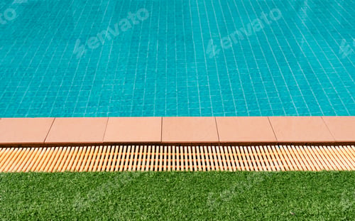 Preview: swimming pool with blue water texture surface and artificial green grass