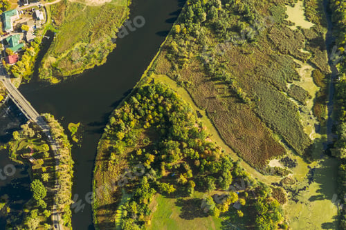 Preview: Aerial View Of Town And River Marsh Landscape In Sunny Summer Day. Top View Of Beautiful European