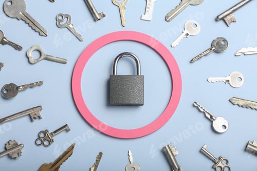 Preview: check-lock and different keys on a coloured background, the concept of protection