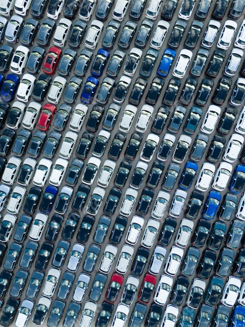 Preview: New Cars on Parking Lot in Port. Aerial High Angle Drone Shot